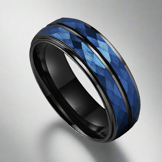 Hammered Tungsten Carbide Ring Black Two Tone Blue Wedding Band 