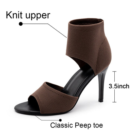 Elegant Women's Peep Toe Stiletto Heeled Sandals Stretchy Knit High Heels for Wedding,black