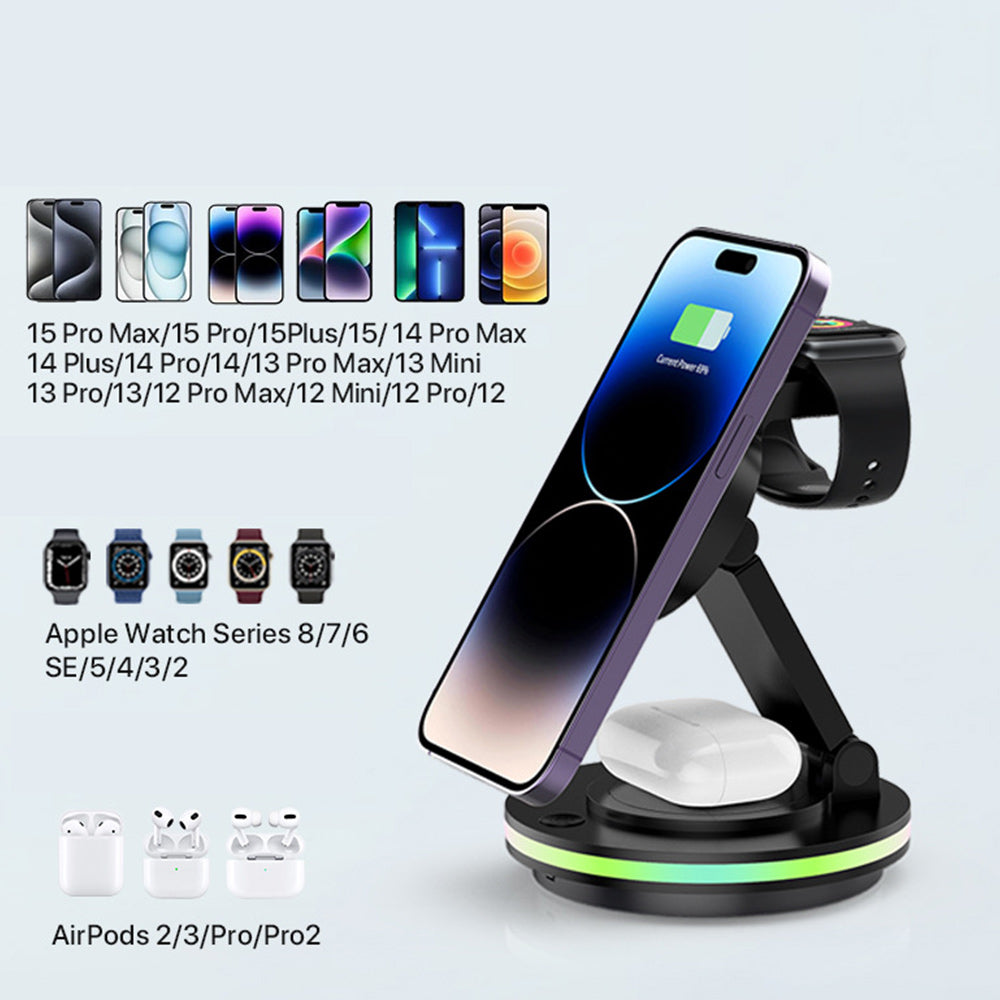 Led Wireless Charger Magnetic Foldable 3 in 1 Charging Station for iPhone 15/14/13/12/Pro/Plus/Pro Max - CIVIBUY