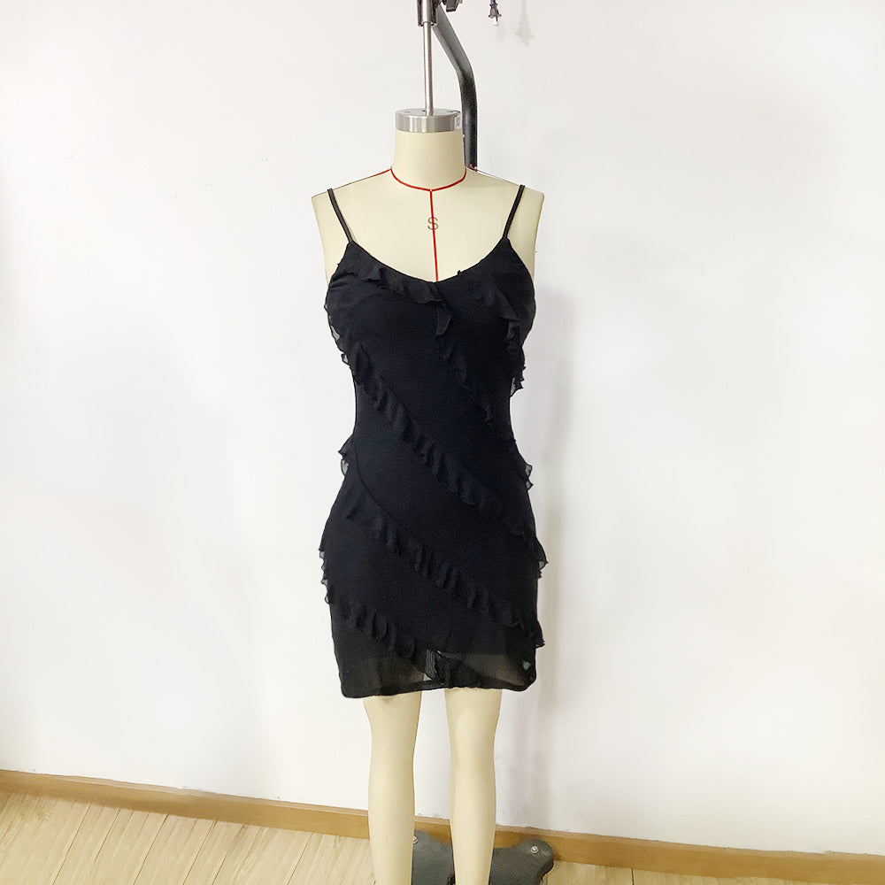 Chic Backless Design Dress with Spaghetti Straps and Ruffled Hemline - CIVIBUY
