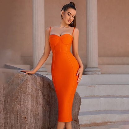 Bandage Dress Evening Women's Long Maxi Bodycon Ribbed Orange Sexy Party Dress - CIVIBUY