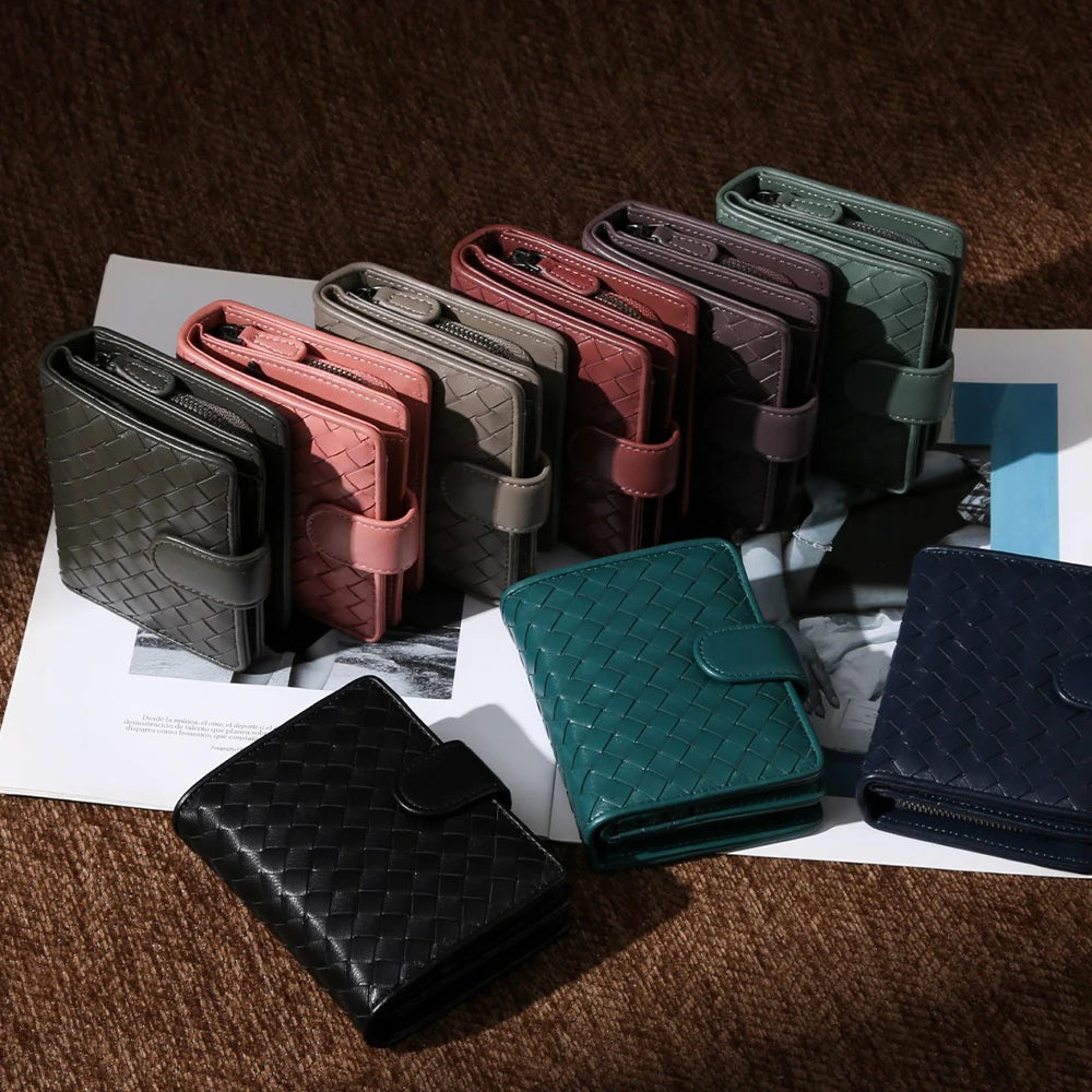 Handcrafted Nappa leather woven wallet in a rich earthy red-brown hue, showing a compact bi-fold design and premium textured