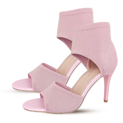 Elegant Women's Peep Toe Stiletto Heeled Sandals Stretchy Knit High Heels for Wedding,Pink