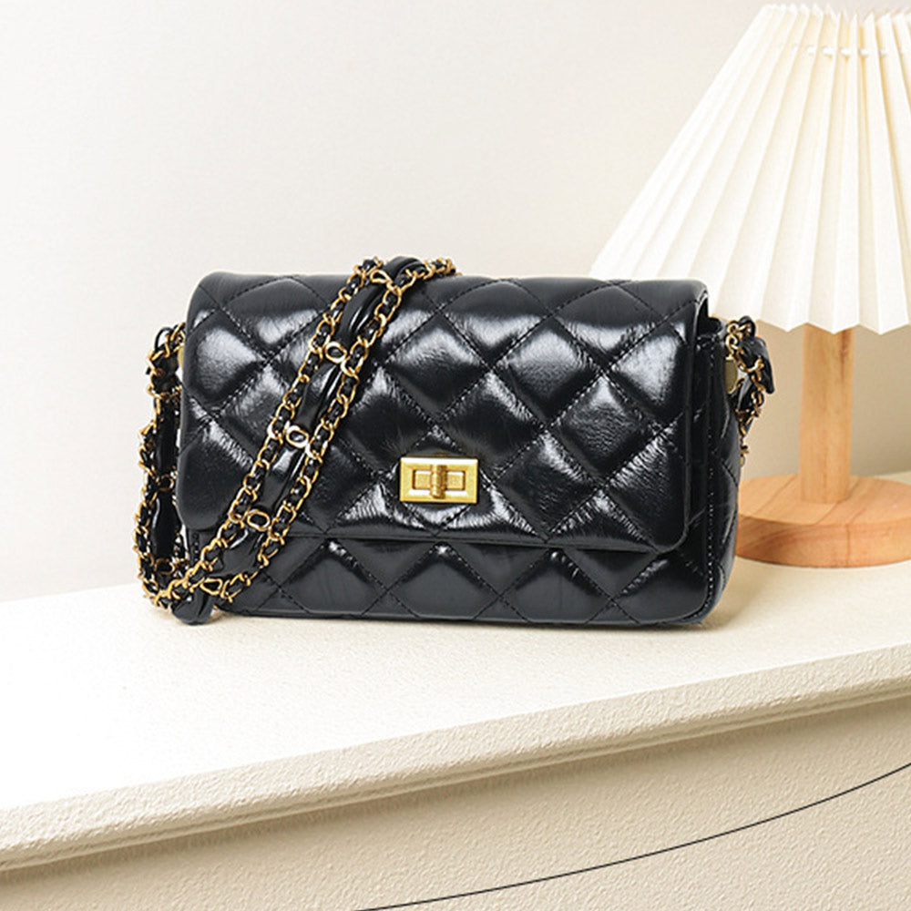 Quilted Wallet on Chain WOC Adjustable Chain Black Pu Leather Waist Bag - CIVIBUY