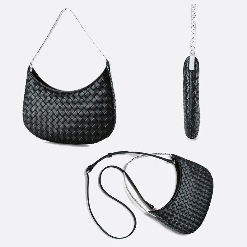 Black woven handbag shown from multiple angles on a white background