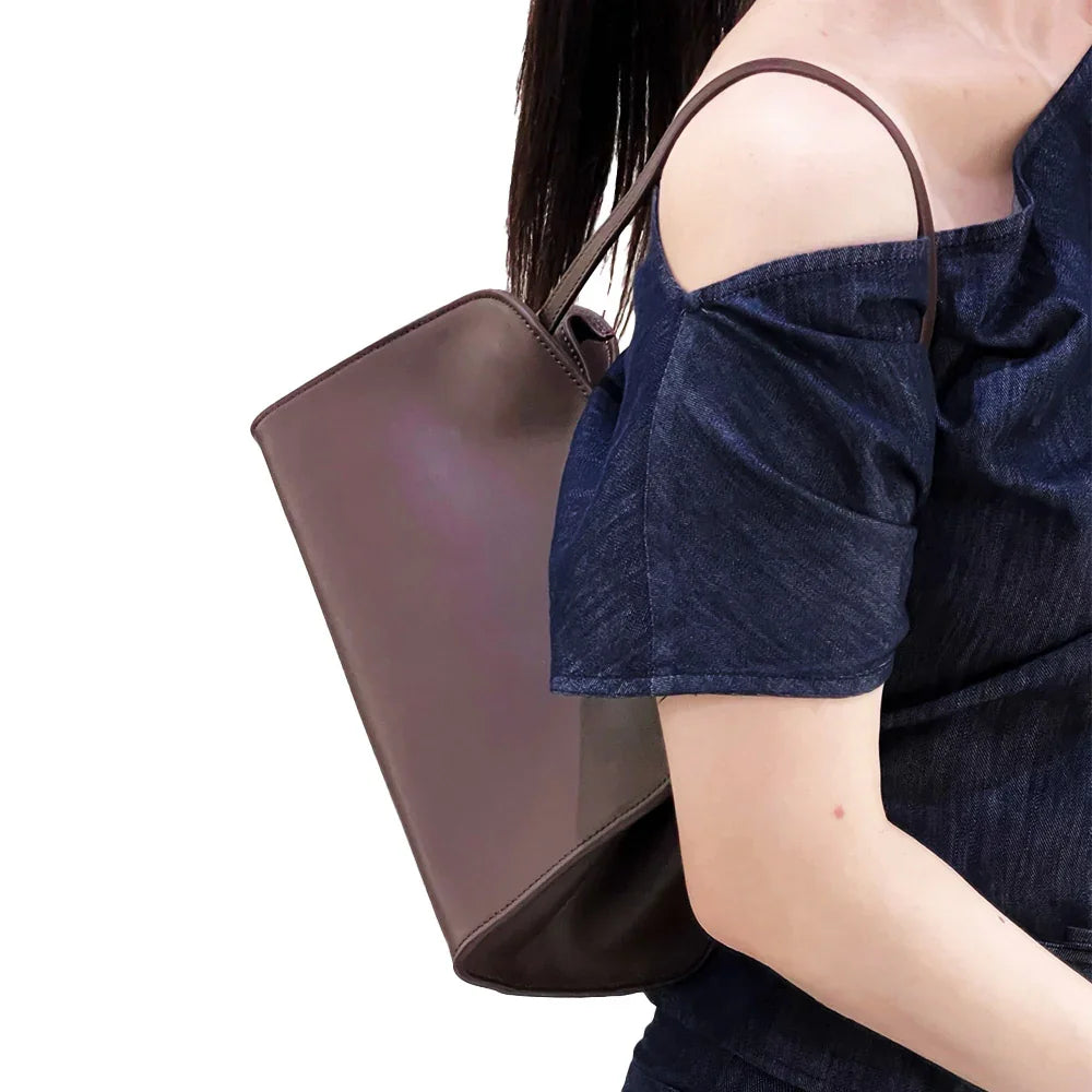 Minimalist Black Calfskin Style Shoulder Bag – Vegan Leather Large Purse for Women