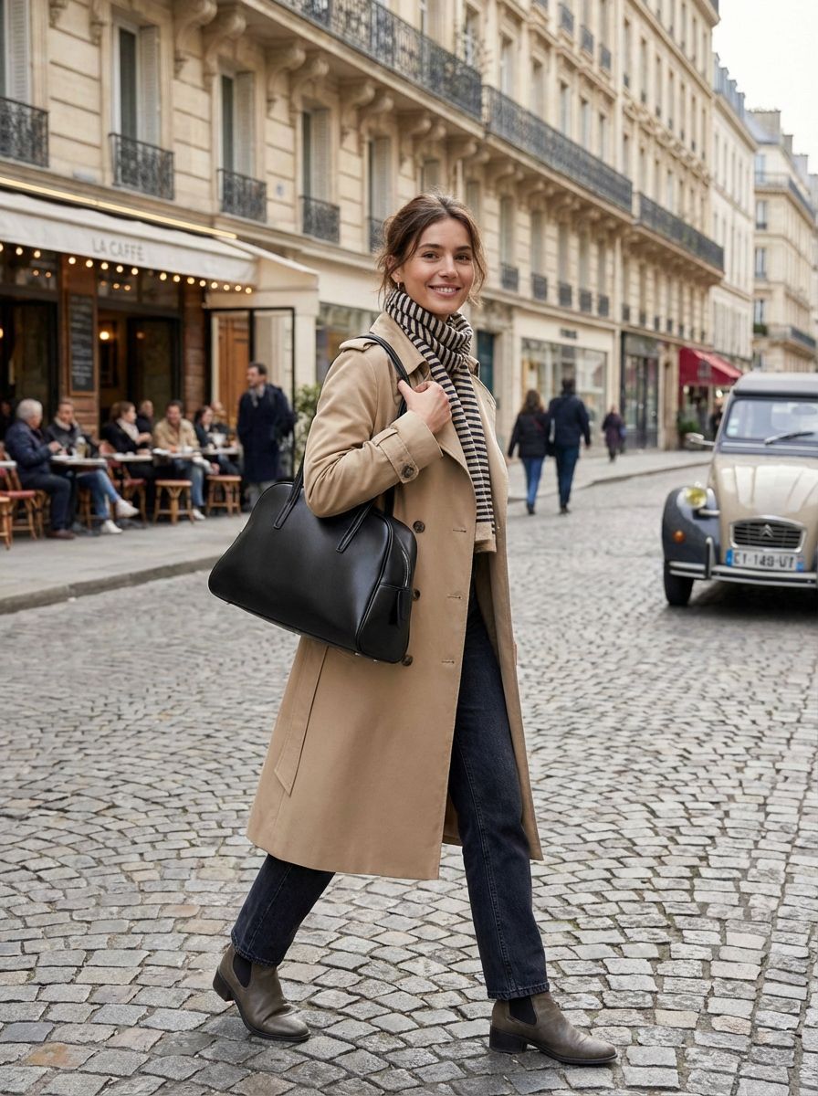 Woman in a beige coat and black bag walking on a cobblestone street in an urban setting.