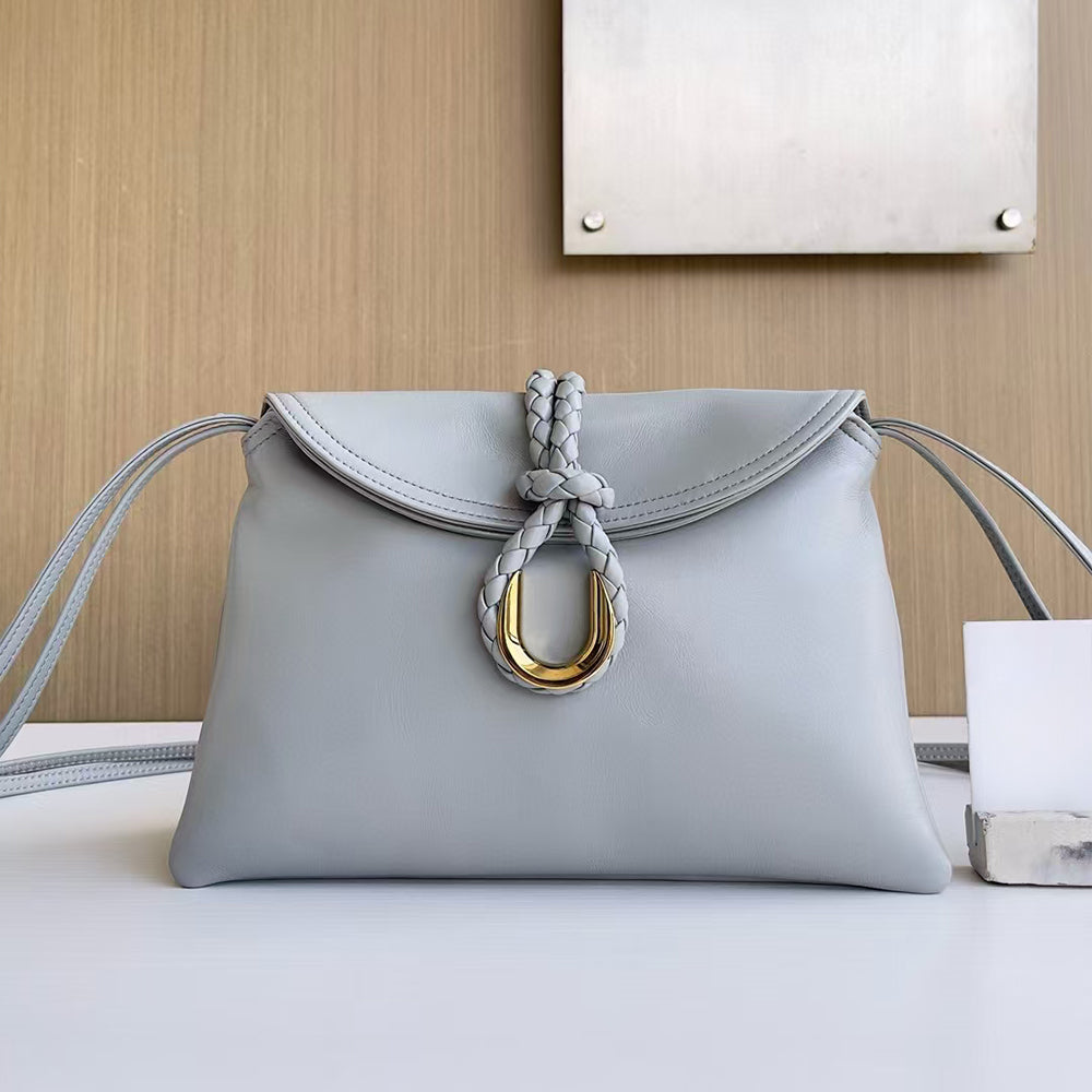 Smooth Calf Leather Bag With Double Flap Crossbody Bag,Medium Grey【KE-BT88】