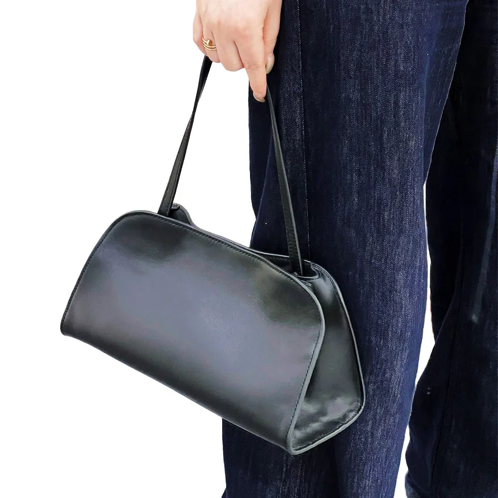 Minimalist Black Calfskin Style Shoulder Bag – Vegan Leather Large Purse for Women