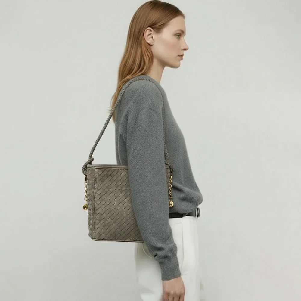 Elegant Woven Leather Bucket Bag – Chic Brown and Blue Tone Shoulder Tote for Women