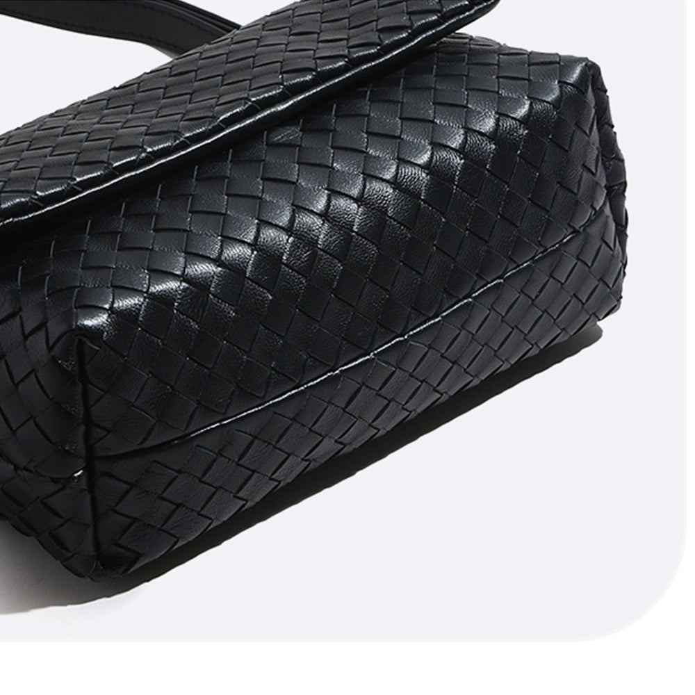 Vintage Black Woven Genuine Leather Shoulder Bag  Handmade Style Retro Flap Purse