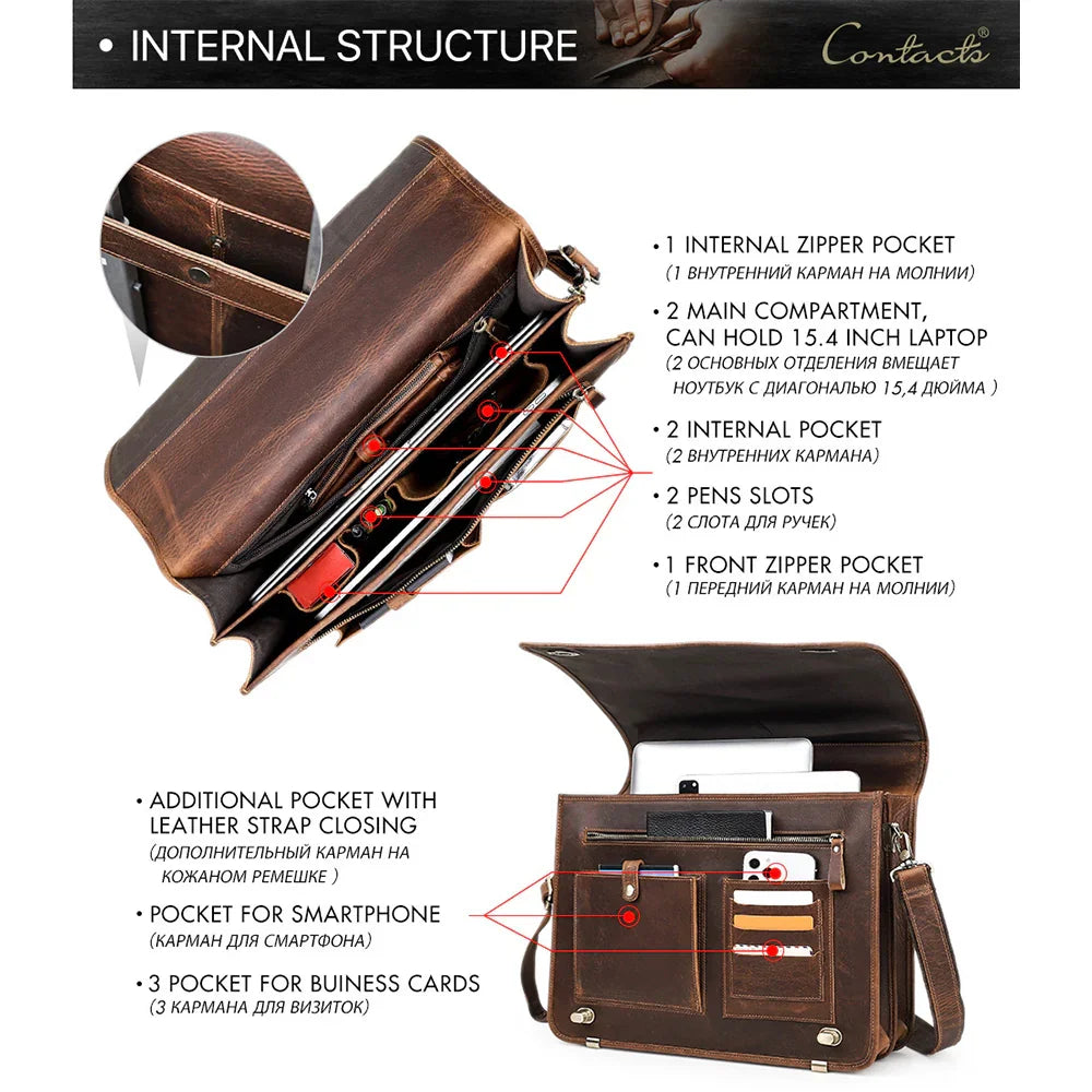 Leather Briefcase for Men Italian Full Grain 15.7 inch Laptop Messenger Bag