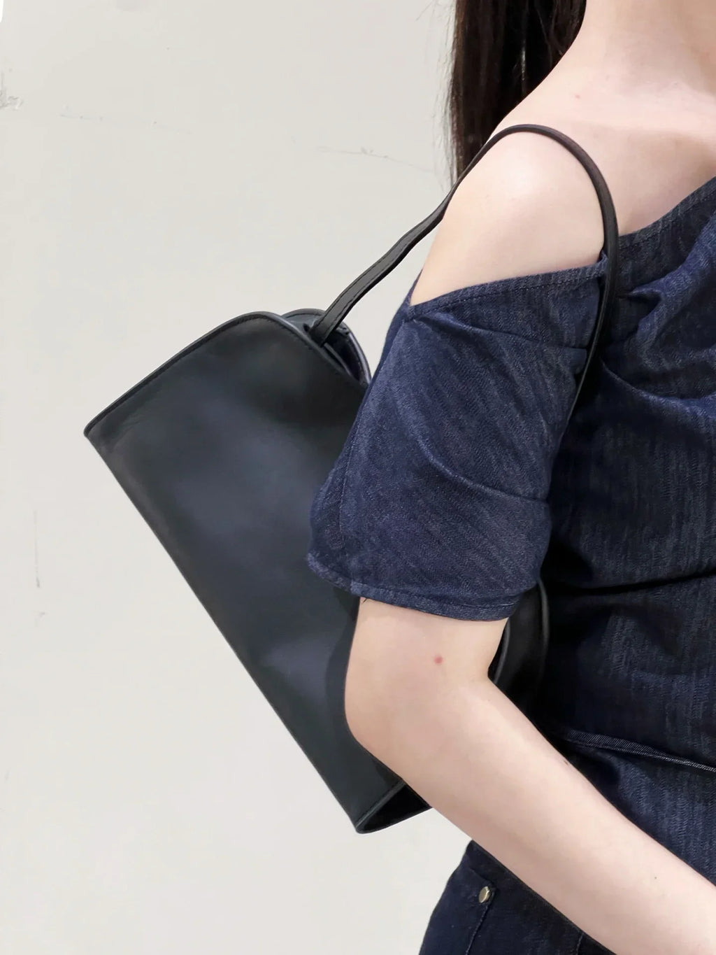 Minimalist Black Calfskin Style Shoulder Bag – Vegan Leather Large Purse for Women