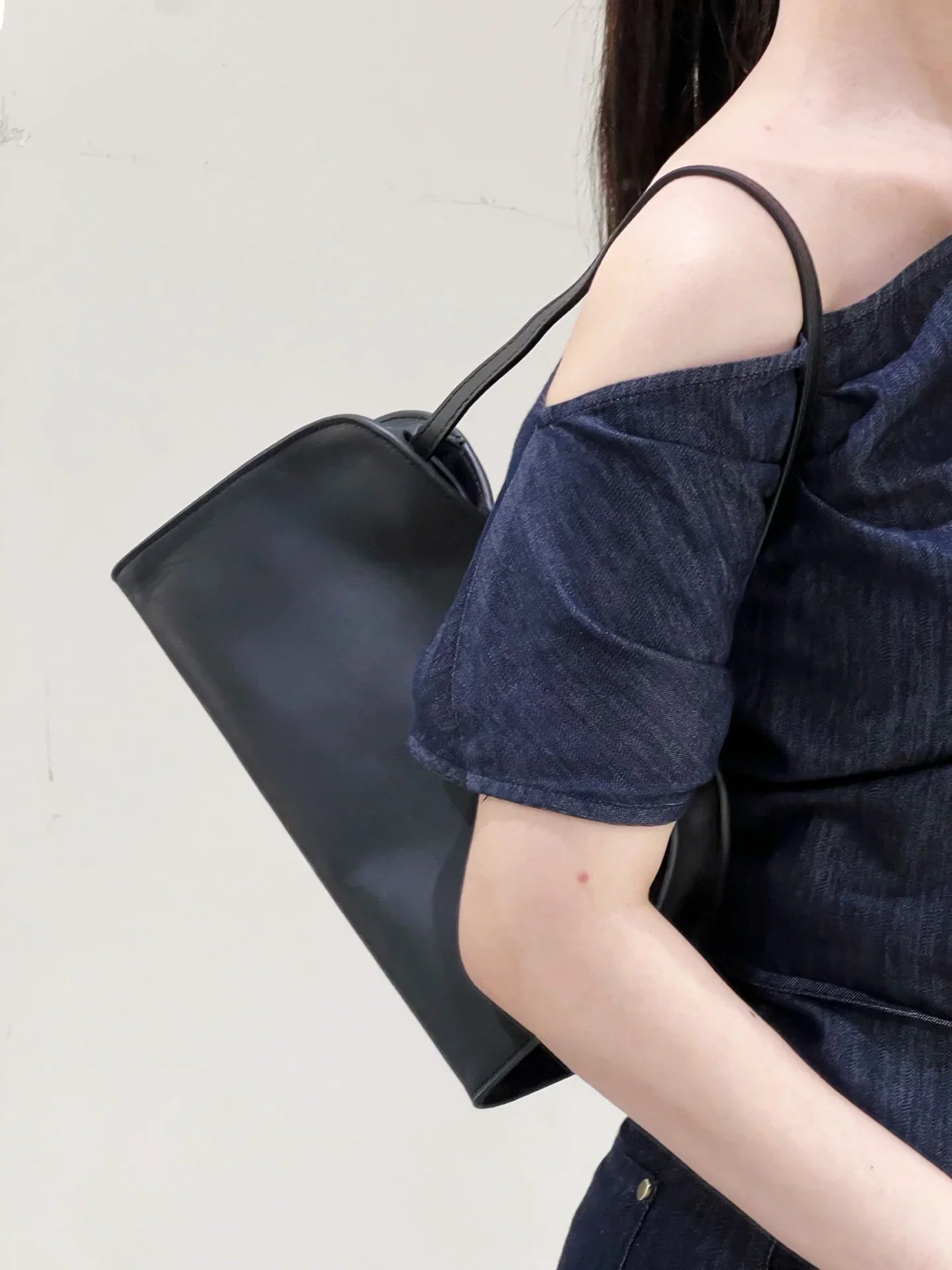 Minimalist Black Calfskin Style Shoulder Bag – Vegan Leather Large Purse for Women