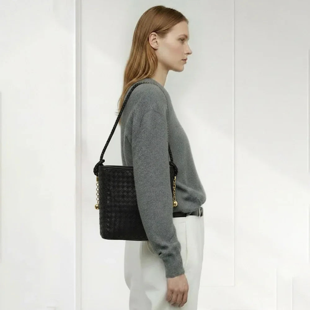 Elegant Woven Leather Bucket Bag – Chic Brown and Blue Tone Shoulder Tote for Women