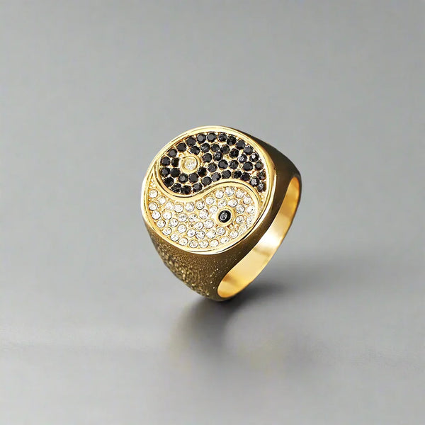 Gold Plated Rhinestone CZ Engagement Band Ring Korea Tai Chi Ring