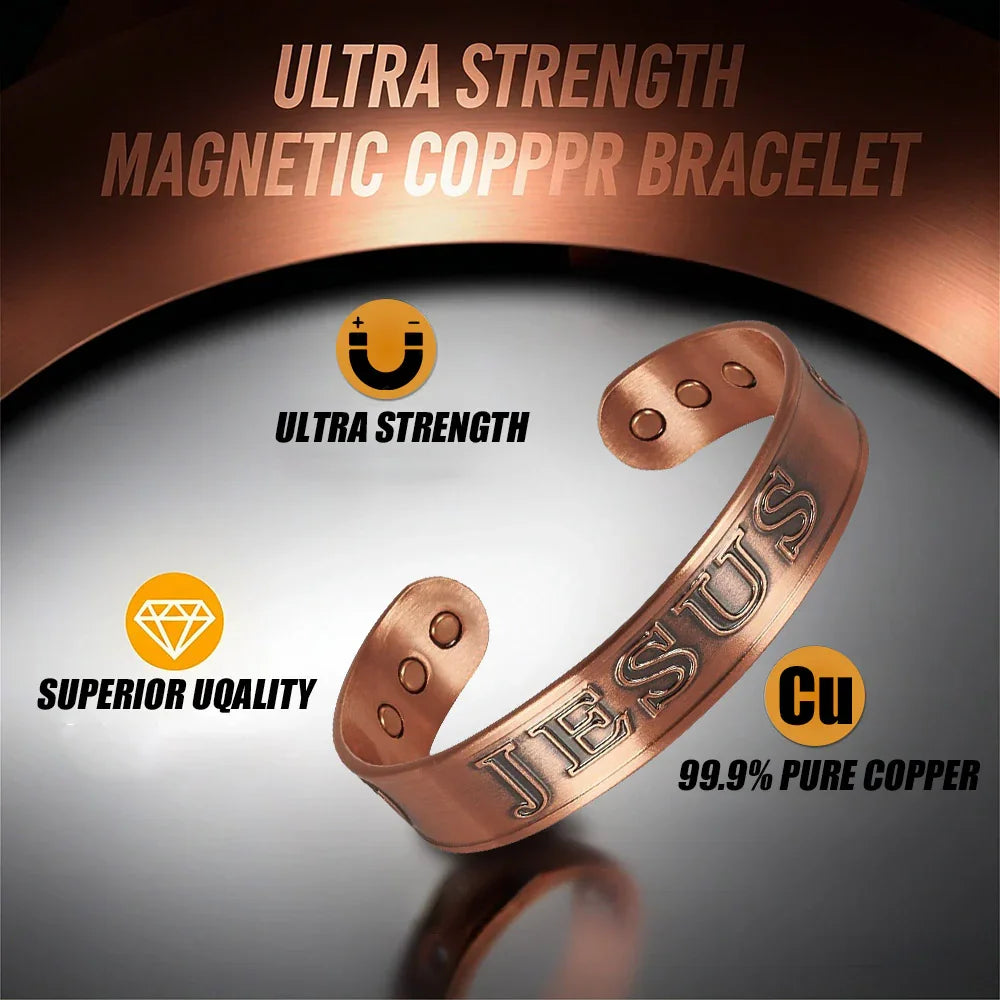 Handmade Stamped Jesus Bracelet Pure Copper with Healing Magnets For Unisex