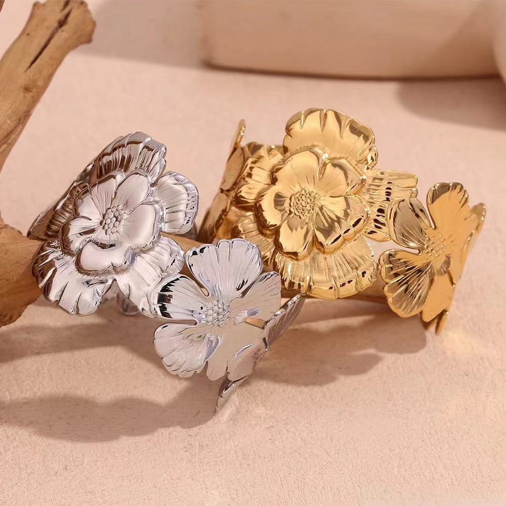Stainless Steel Flower Cuff Statement Bracelet Hand Crafted for Women - CIVIBUY