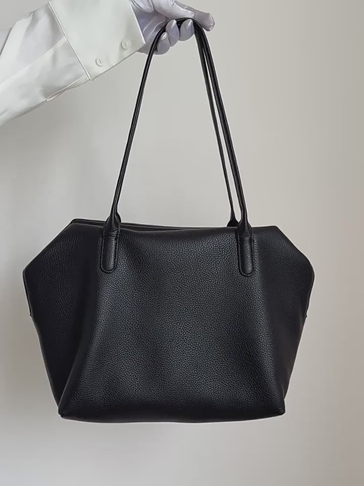 Minimalist Black Leather Tote Bag – Cow Leather Shoulder Purse for Women