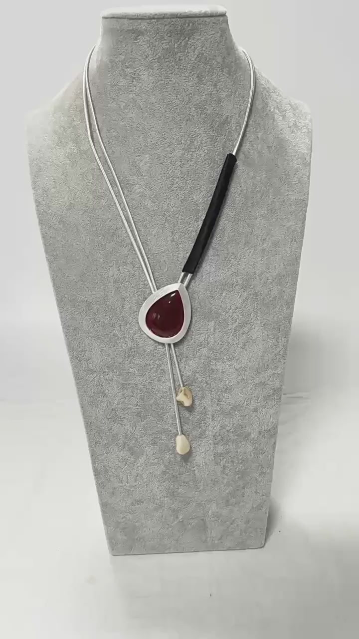 Modern Boho Statement Necklace with Red Resin Pendant and Adjustable Leather Cord