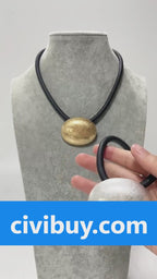Bold Gold Pendant Necklace for Women – Chunky Art Jewelry on Black Leather Cord