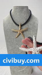 Starfish Pendant Necklace for Women Textured Gold Charm on Black Chain
