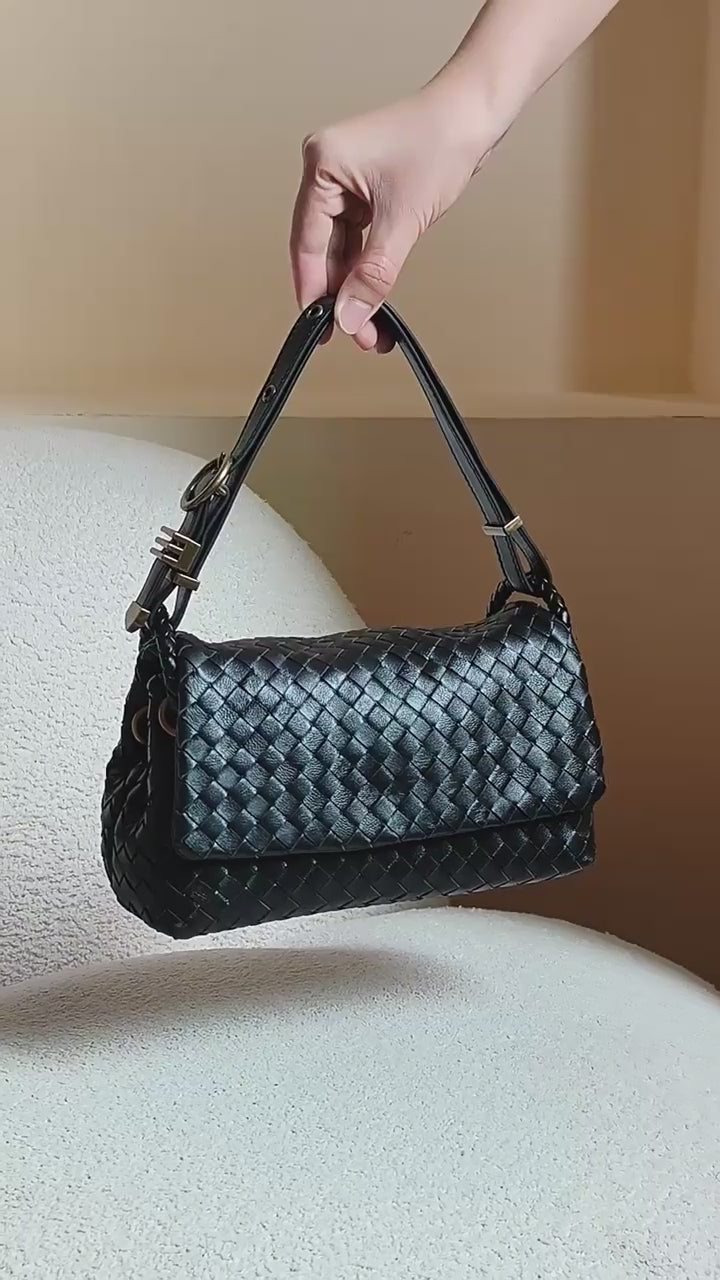 Vintage Black Woven Genuine Leather Shoulder Bag  Handmade Style Retro Flap Purse