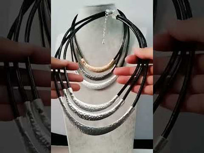 silver Beaded Leather Multi-Strand Bib Collar Necklace Everyday Silver & Leather Necklace