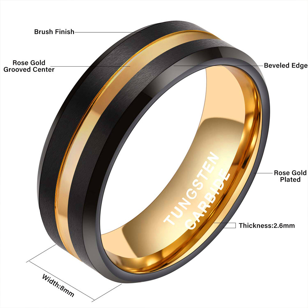 Personalized Tungsten Rings for Men's Wedding Bands Black Matte Gold Grooved Center - CIVIBUY
