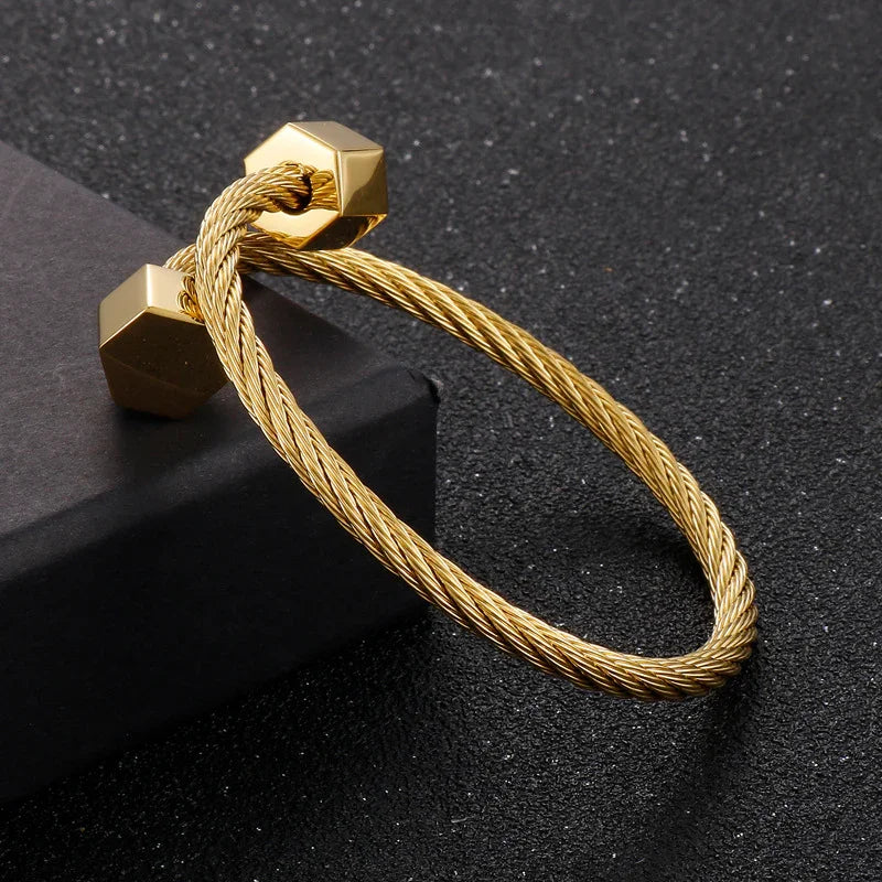 Gold-tone steel wire bangle Cuban Chain Mens Large Steel Bracelet - CIVIBUY