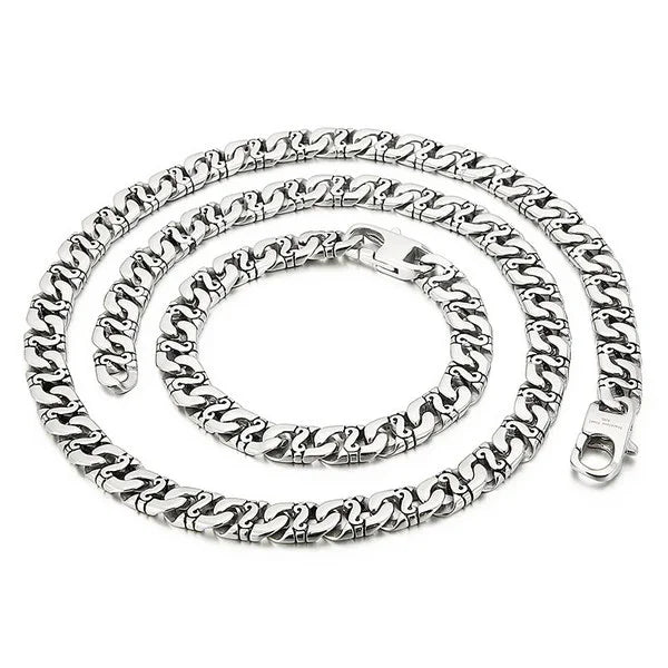 Silver Tone Mens Stainless Steel Curb Bracelet And Necklace Set