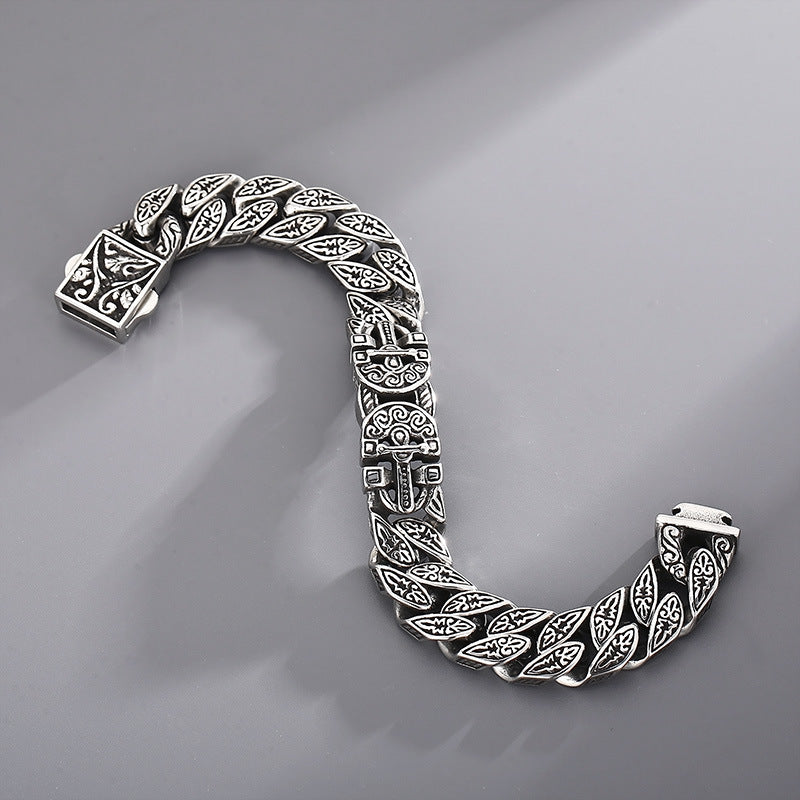 Viking Charms Pattern Curb Chain Mens Large Steel Bracelet with Pirate Clasp - CIVIBUY