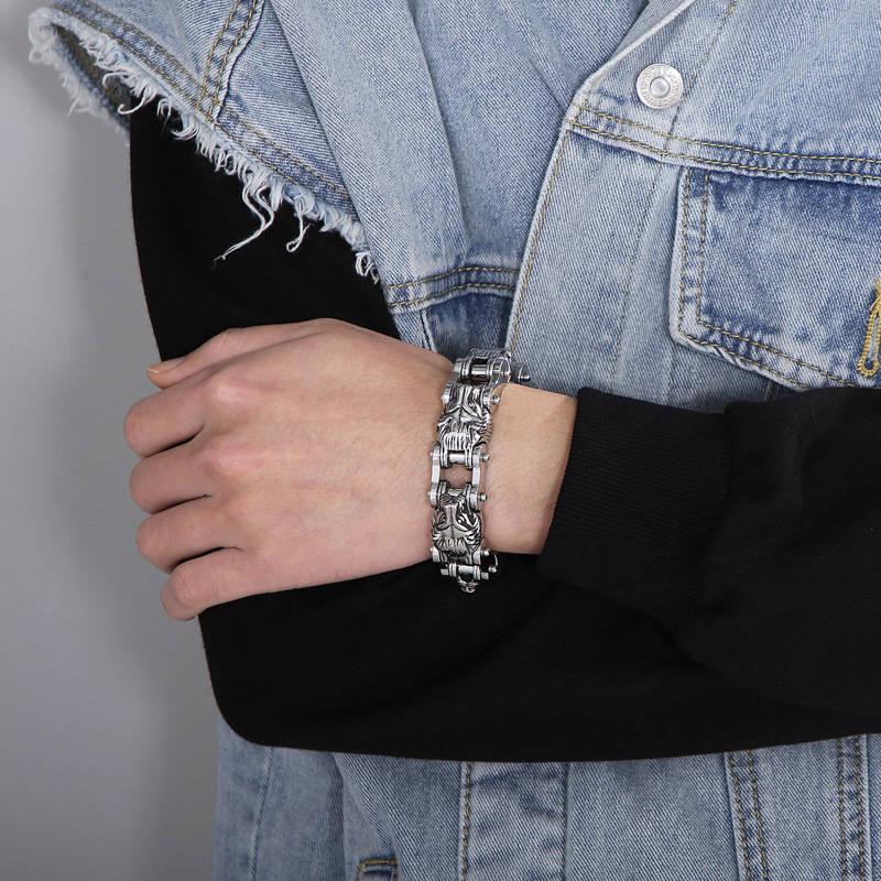 Mens Steel Vintage Fancy Curb Chain Bracelet with Lion Pattern, Retro Style - CIVIBUY