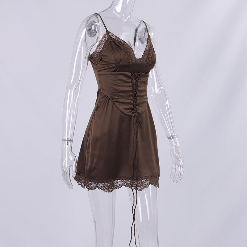 Brown lace Satin sexy party Dress sexy Short home dress 3B03G-E - CIVIBUY