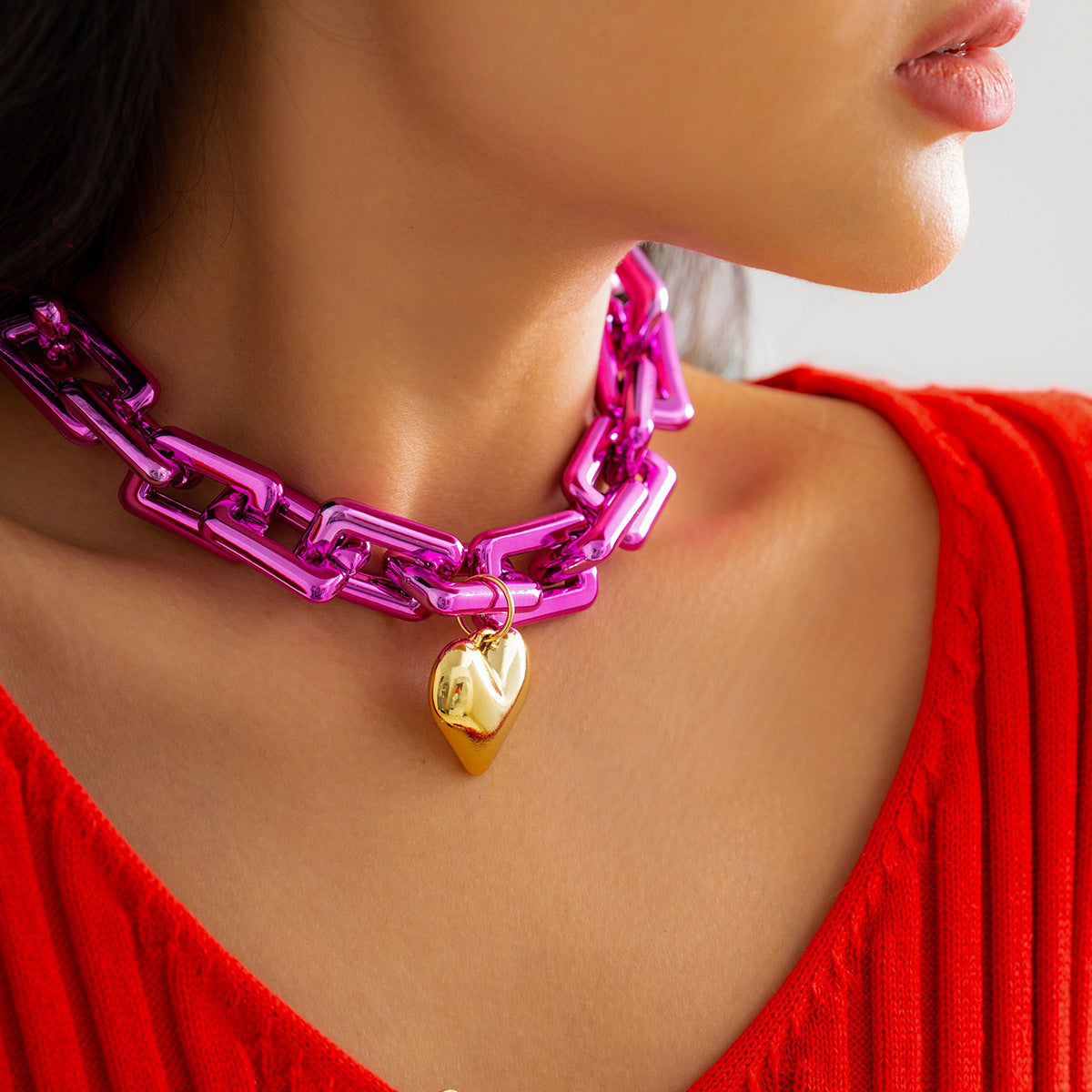 Neon Pink Chunky Link Chain Choker resin Necklace for party girls - CIVIBUY
