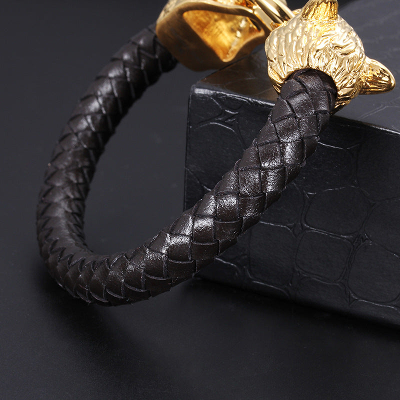 Viking Wolf Head Leather Bracelet - Men's Wolf Head Jewelry - CIVIBUY