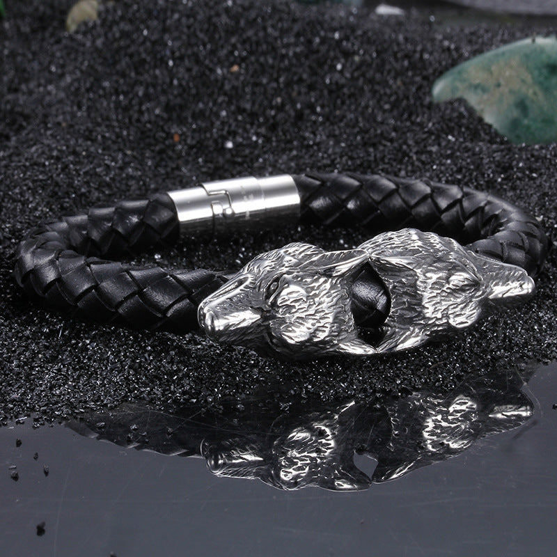 viking bracelet wolf head Black Leather Bracelet Braided Genuine Leather Bracelet for men - CIVIBUY