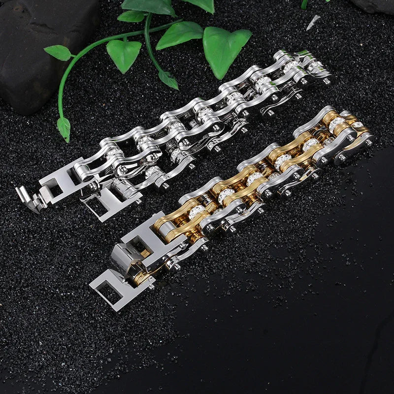Men’s Stainless Steel Bike Chain Bracelet with Crystal Accents – Heavy Duty Punk Biker Jewelry CIVIBUY