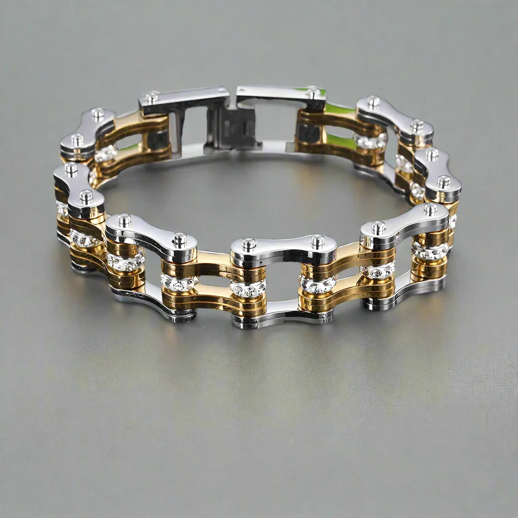 Men’s stainless steel bike chain bracelet with crystal accents – heavy-duty punk biker jewelry, silver tone, durable masculine bracelet gift
