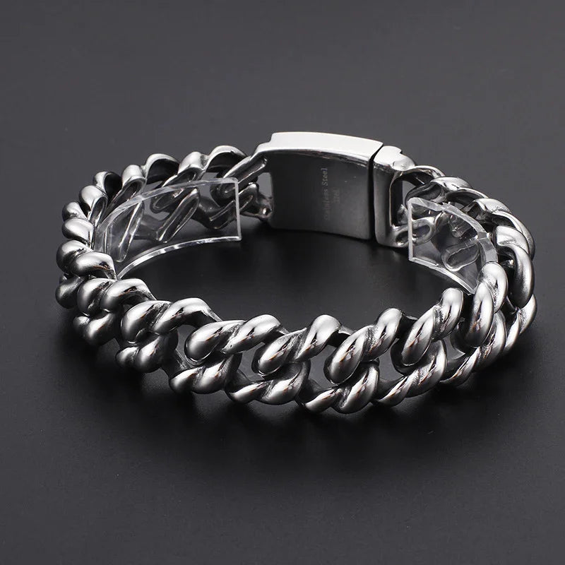 Men’s stainless steel Cuban link chain bracelet – heavy-duty silver tone biker jewelry, durable masculine fashion accessory gift