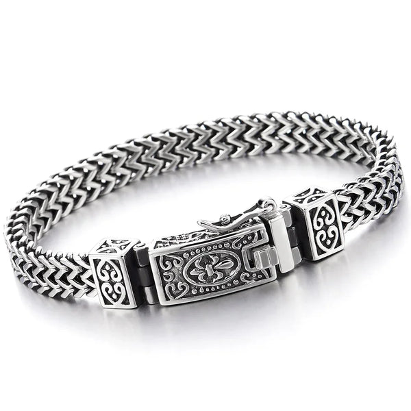Mens Stainless Steel Franco Link Curb Chain Bracelet Vintage Fleur de Lis Spring Box Clasp