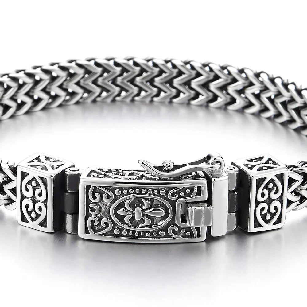 Mens Stainless Steel Franco Link Curb Chain Bracelet Vintage Fleur de Lis Spring Box Clasp - CIVIBUY