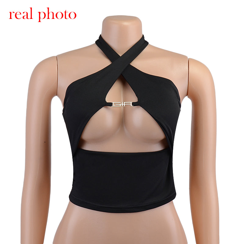 Metal Chain Sexy Halter Crop Women Backless Cut-Out Top Cropped - CIVIBUY