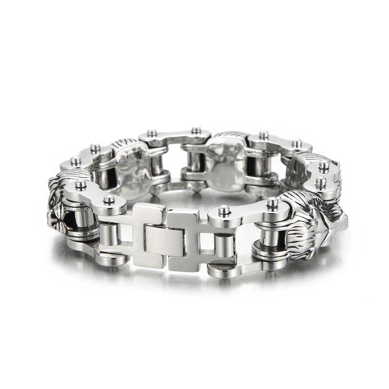 Mens Steel Vintage Fancy Curb Chain Bracelet with Lion Pattern, Retro Style - CIVIBUY