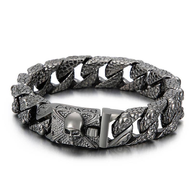 Skull Charms Snake Skin Pattern Chain Mens Steel Bracelet with Pirate Skulls Clasp - CIVIBUY
