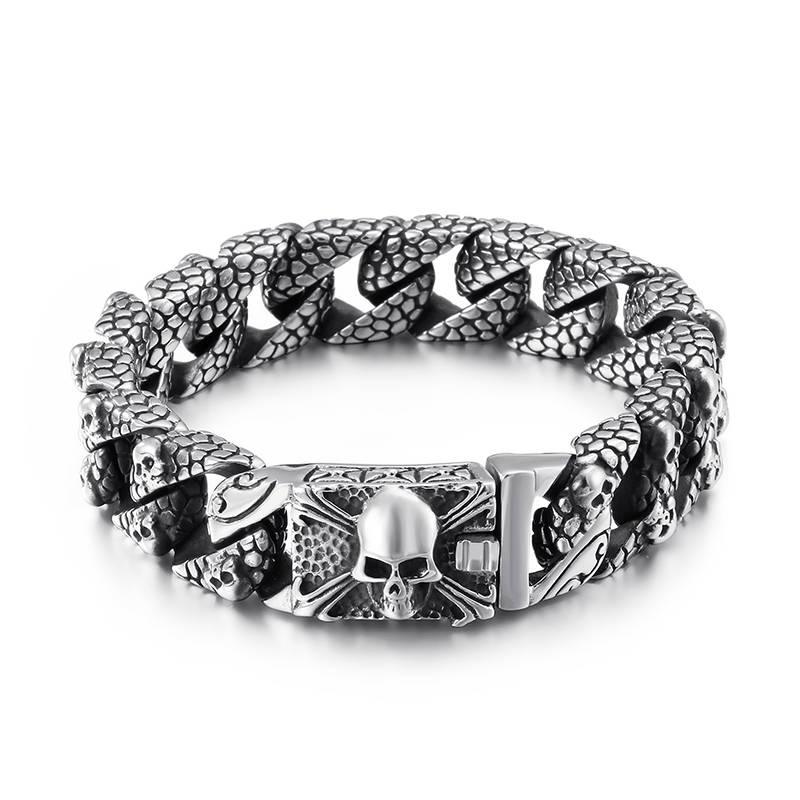 Skull Charms Snake Skin Pattern Chain Mens Steel Bracelet with Pirate Skulls Clasp - CIVIBUY