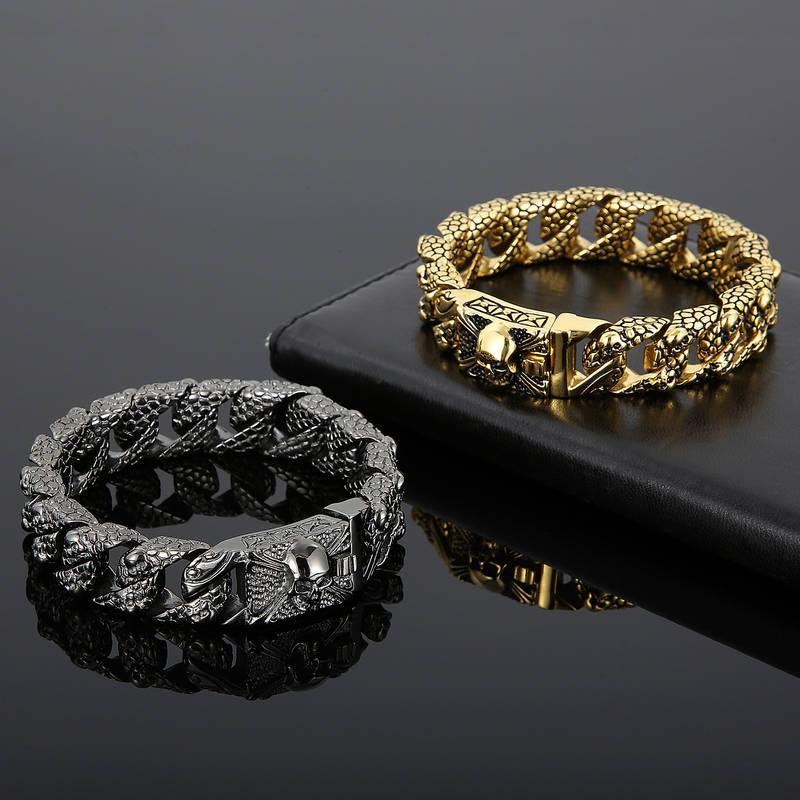 Skull Charms Snake Skin Pattern Chain Mens Steel Bracelet with Pirate Skulls Clasp - CIVIBUY