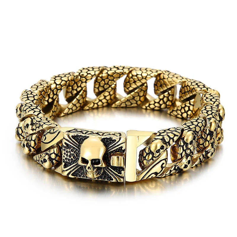 Skull Charms Snake Skin Pattern Chain Mens Steel Bracelet with Pirate Skulls Clasp - CIVIBUY
