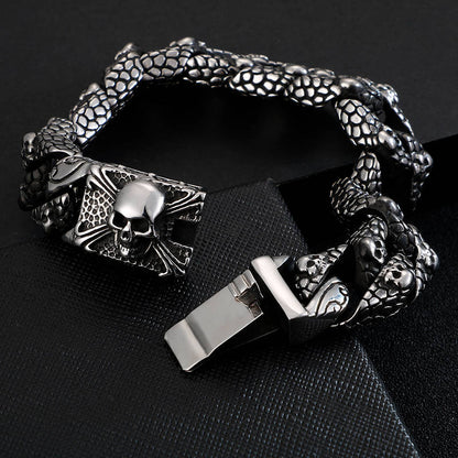 Skull Charms Snake Skin Pattern Chain Mens Steel Bracelet with Pirate Skulls Clasp - CIVIBUY