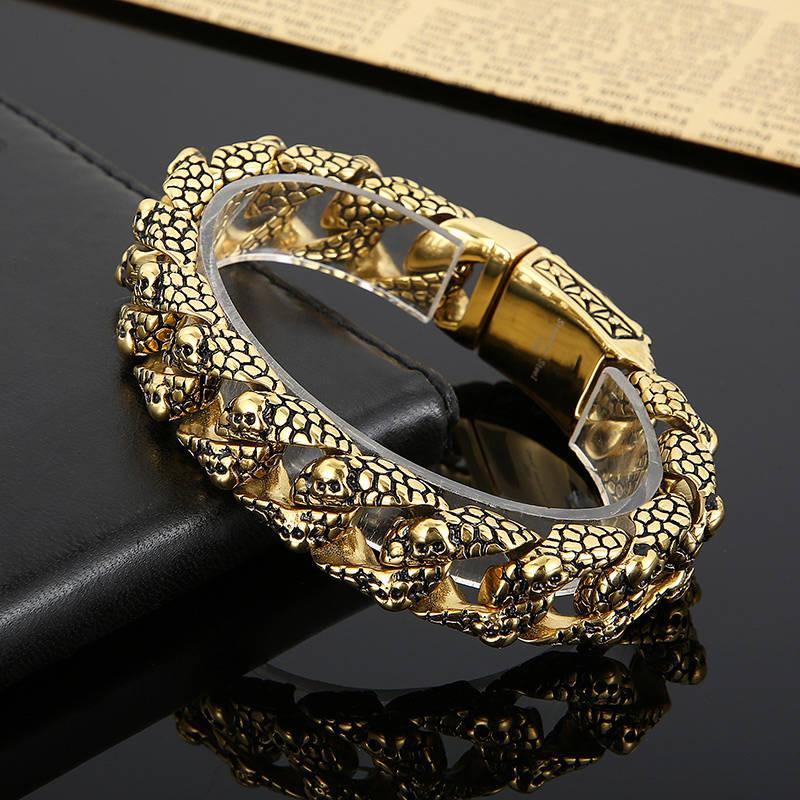 Skull Charms Snake Skin Pattern Chain Mens Steel Bracelet with Pirate Skulls Clasp - CIVIBUY